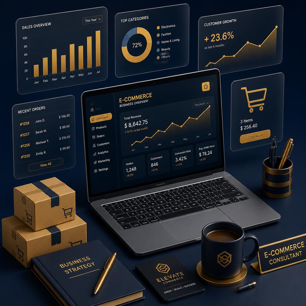 Ecom Pro Associates ecommerce management dashboard illustration in navy and gold